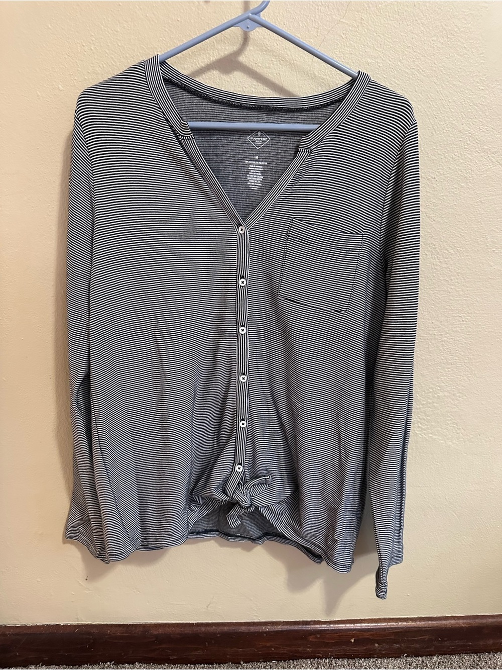 St. John's Bay Black and White Striped Button-Front Long Sleeve